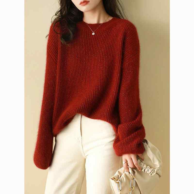 秋冬 レディース ウール ニット セーター 赤 クルーネック ゆったり ラフスタイル 光沢 インナー ベー..