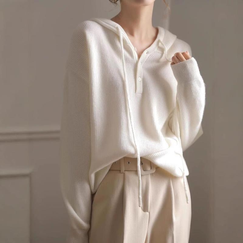 秋冬ニットセーター レディース フード付き Vネック ゆったり 細見え 羊毛 純色 接触冷感 吸湿速乾 軽..