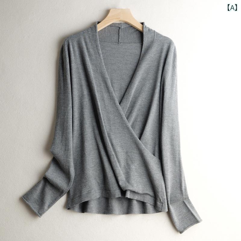 レディース 春夏 ニットセーター クロスVネック 斜め襟 桑蚕絲 羊毛混 赤 トップス 通勤 日常 軽量 吸湿速乾 高級感