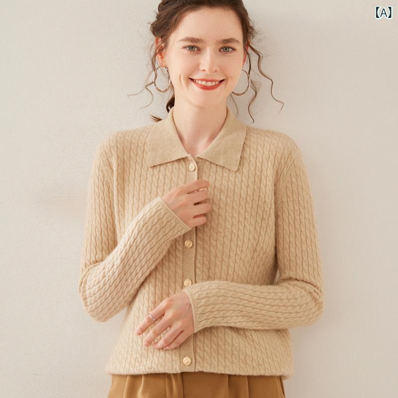 くらしのセロネの秋冬 レディース ウール カシミヤ ニット カーディガン ツイストフラワー ポロカラー スリムフィット セーター 外套｜アングル2