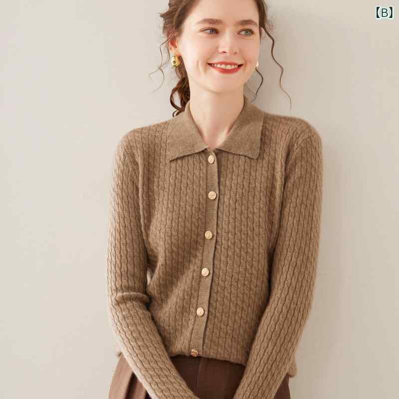 くらしのセロネの秋冬 レディース ウール カシミヤ ニット カーディガン ツイストフラワー ポロカラー スリムフィット セーター 外套｜アングル3