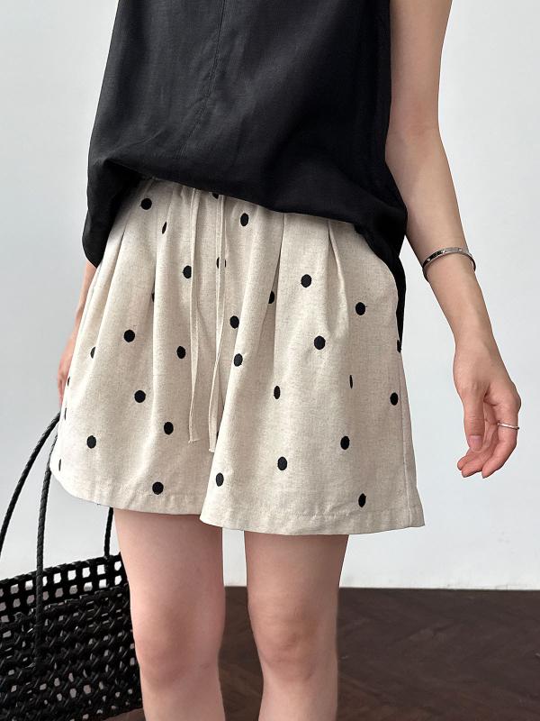 Custom-Made - レディース ショートパンツ ハイウエスト ウエストゴム 刺繍 ドット柄 綿麻 リネン ワイドシルエット 体型カバー 涼しい 通気性 カジュアル きれいめ 楽ちん 普段使い 夏