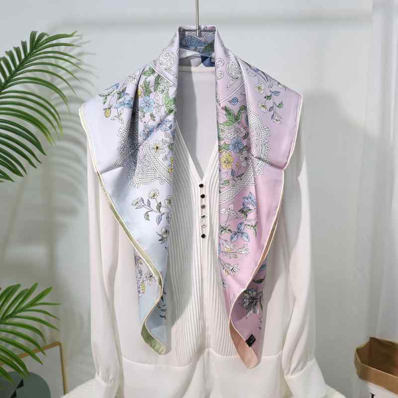 レディース スカーフ ストール シルク100% 正方形 大判 90cm ツイル 両面プリント 上品 高見え きれいめ 大人可愛い 通勤 オフィス デイリー 春夏