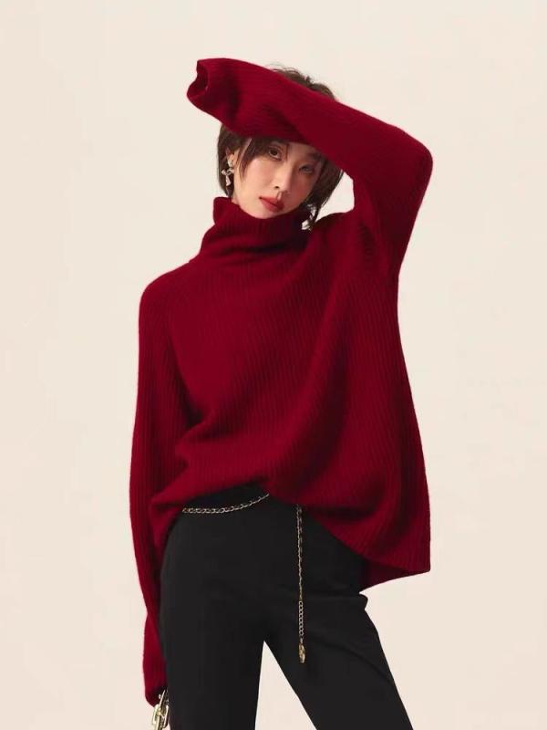 乐天商城 - ニットセーター レディース 秋冬 赤 タートルネック ウール カシミヤ混 ゆったり オーバーサイズ 厚手暖か 保温 レトロ デザイン 高級感 かわいい トップス プルオーバー