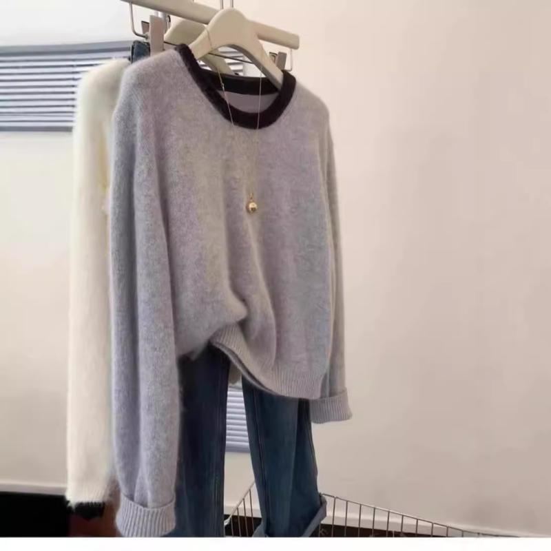 秋冬 レディース 厚手 カシミヤ ニットセーター クルーネック 切り替え 羊毛 インナー トップス 暖か レイヤード ニットトップス