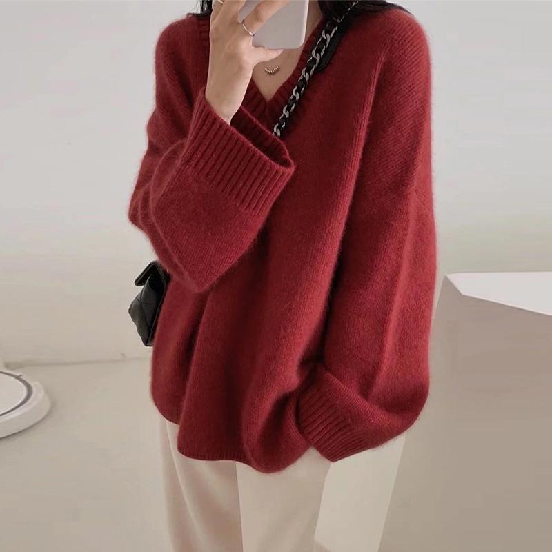 秋冬 レディース ニットセーター Vネック ゆったり 羊毛 カシミア 厚手 無地 プルオーバー ラフスタイル 赤 接触冷感 吸湿速乾