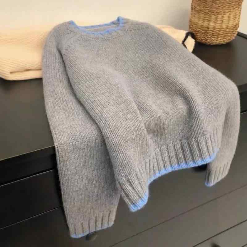 ニットセーター レディース 秋冬 厚手 純羊毛 切り替えカラー 丸首 ラウンドネック ショート丈 柔らか 快適 ソフト ふんわり 暖か 防寒 プルオーバー カジュアル