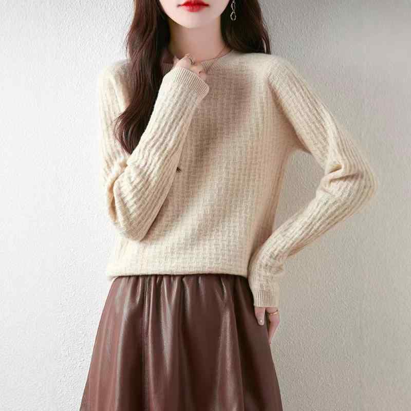 秋冬 レディース ワッフル柄 丸首 羊毛 ニットセーター インナー ベースレイヤー 暖か 針織トップス 接触冷感 吸湿速乾 軽量(x2)