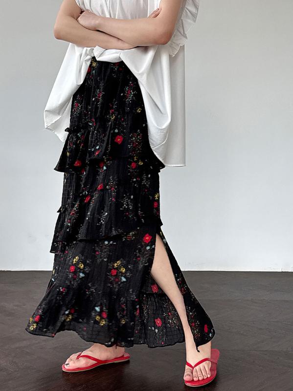 レディース スカート ロングスカート ティアードスカート 花柄 スリット プリーツ ボリューム きれいめ 上品 大人可愛い 体型カバー フレンチスタイル フェミニン 夏