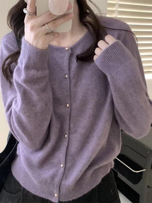 カーディガン レディース ニット 丸首 ショート丈 ウール カシミア インナー トップス 秋冬 スリム 軽..