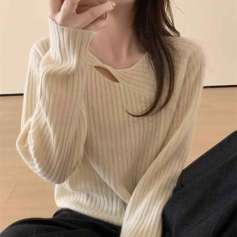 Sweater - ニットセーター レディース 秋冬 クルーネック 不規則デザイン ストライプ ウール カシミヤ混 ソフト素材 針織トップス インナー 暖か レイヤード
