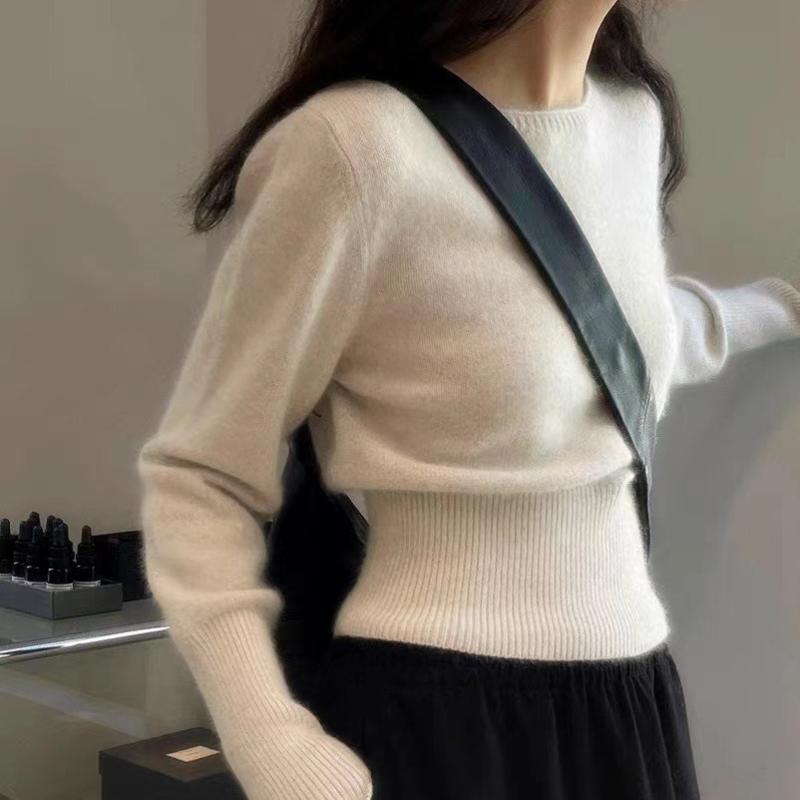 ニットセーター レディース 秋冬 ハイウエスト ショート丈 ゆったり 細見え 小柄対応 カシミヤ ウール クルーネック ベースレイヤー 接触冷感 吸湿速乾 軽量 通勤 通学 部屋着