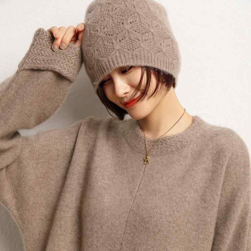 乐天商城 - ニット帽 男女兼用 春夏 柔らかいカシミヤ 耳あて付き 透かし ツイスト 四つ葉花柄 顔映え ベーシック 軽量 吸湿速乾