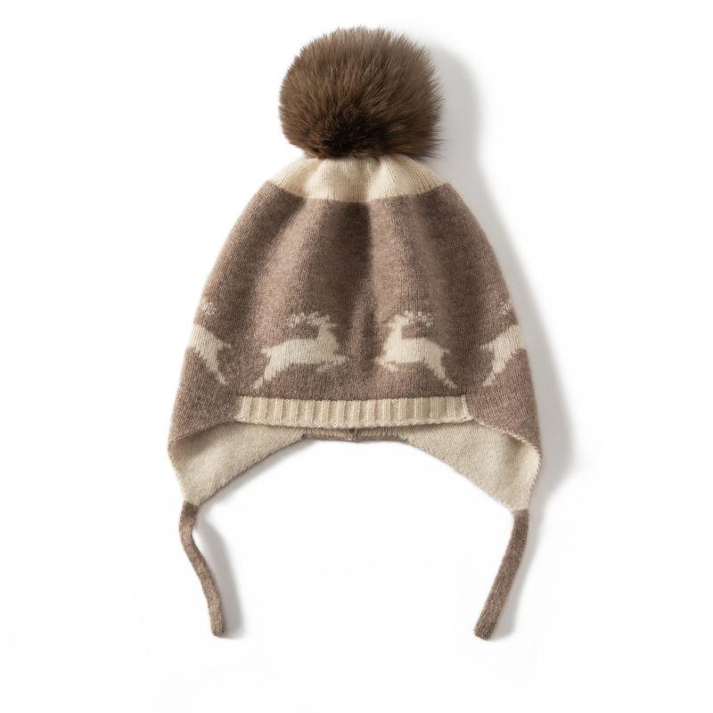 Knit Hat - ニット帽 男女兼用 秋冬 羊毛 保温 小鹿柄 ジャカード織り ポンポン ドローコード 暖か 毛糸 ベレー キャップ キッズ レディース メンズ ユニセックス 防寒 ニットビーニー ウール 混 軽量 伸縮性 かわいい 柄物 冬物 帽子 アクセサリー