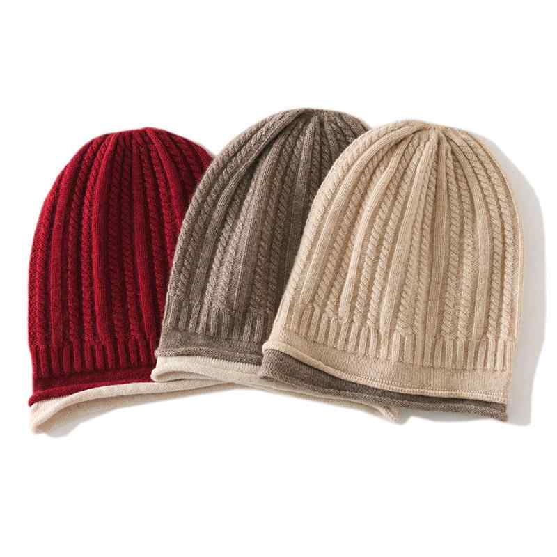 Knit Hat - 秋冬 レディース カシミア ニット帽 切り替え マルチカラー 耳あて付き 防寒 暖か ビーニー 毛糸帽 女性用 帽子 包頭 デザイン 大きめサイズ