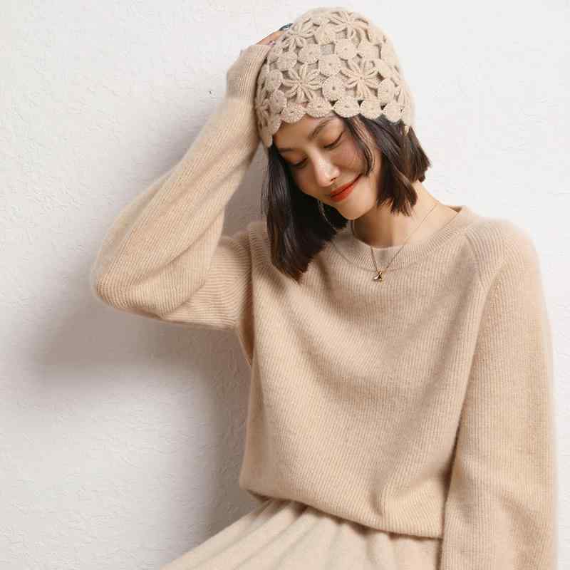 Knit Hat - ニット帽 レディース 秋冬 カシミヤ 柔らかい素材 シンプル 単色 クロシェ フラワー 二層 透かし 編み 気質 エレガント 暖かい 防寒 ファッション 日常 スタイル