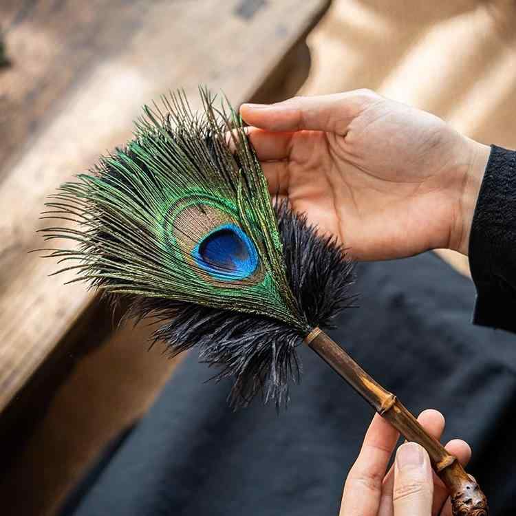 掸子 家庭用 孔雀羽毛 手作り 茶卓清掃 埃払い 羽根ブラシ 家具掃除 埃除去 自然素材 インテリアケア ..