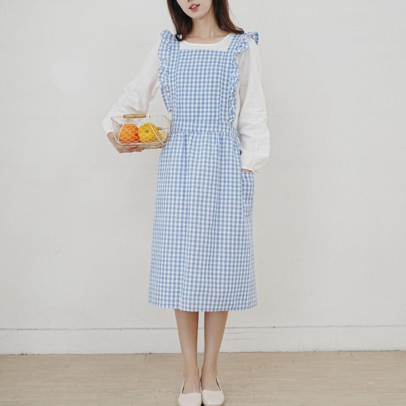 エプロン レディース チェック柄 フリル 大きいサイズ プラスサイズ レトロ フランス風 韓国風 キッチ..