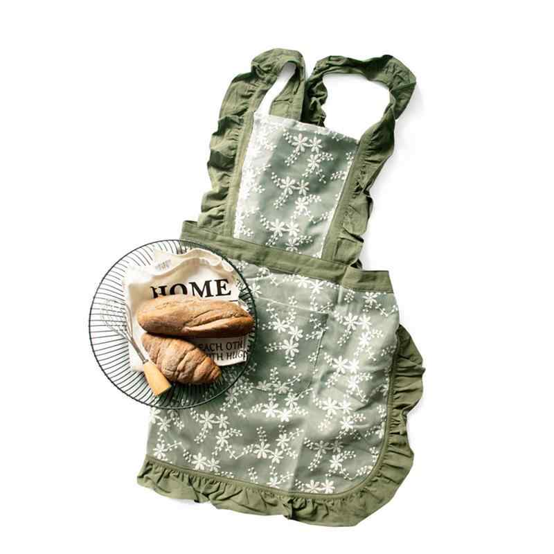 エプロン 家用 半身 シンプル 綿麻 レース X型ストラップ キッチン ベーキング 絵画 ミルクティー店 作..