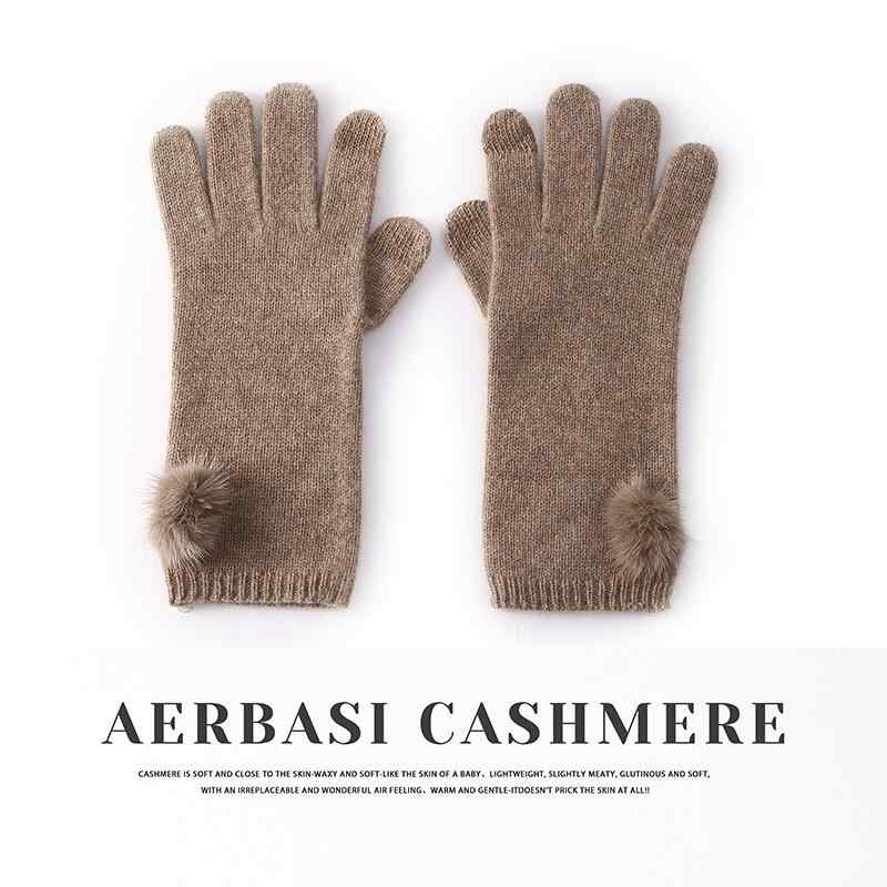 Gloves - 秋冬 レディース 手袋 カシミア ニット 編み 五本指 単色 ファーポンポン 付き カジュアル 日常使い おしゃれ コーデ