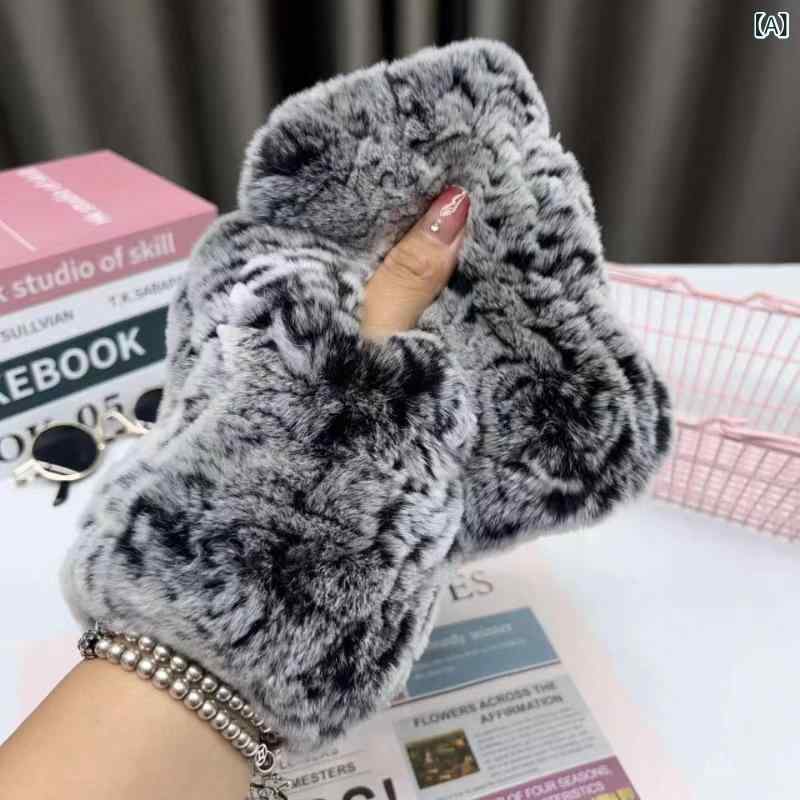 手袋 レディース 秋冬 かわいい ラビットファー 毛皮 ハーフフィンガー ふわふわ 加厚 保温 伸縮性 ウ..