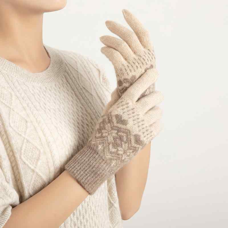 Gloves - 秋冬 レディース 手袋 100% 純山羊毛 ニット 保温 五指 雪花 模様 ハート 柄 暖か ミトン風 指先 細工 柔らか 着用 快適 日常使い ギフト ラッキー アイテム
