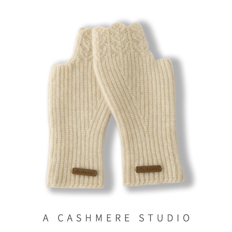 手袋 レディース 秋冬 100%純山羊毛 暖か ニット 花柄 半指 シンプル ベーシック 日常使い 保湿 柔らか..