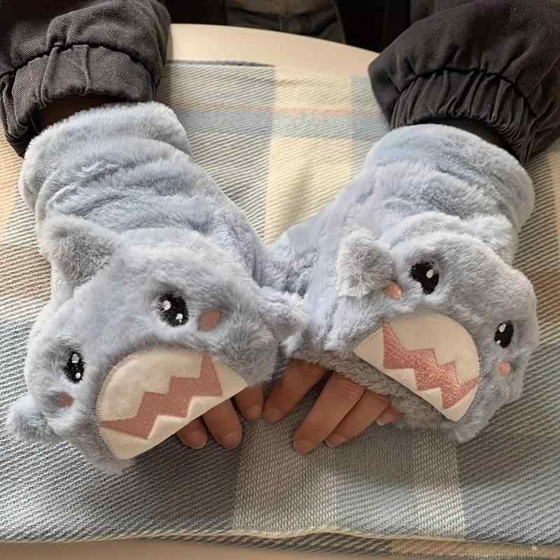 無指手袋 男女兼用 かわいい 動物柄 サメモチーフ 毛绒 ぬいぐるみ風 素材 ショート丈 厚手 保暖 秋冬..