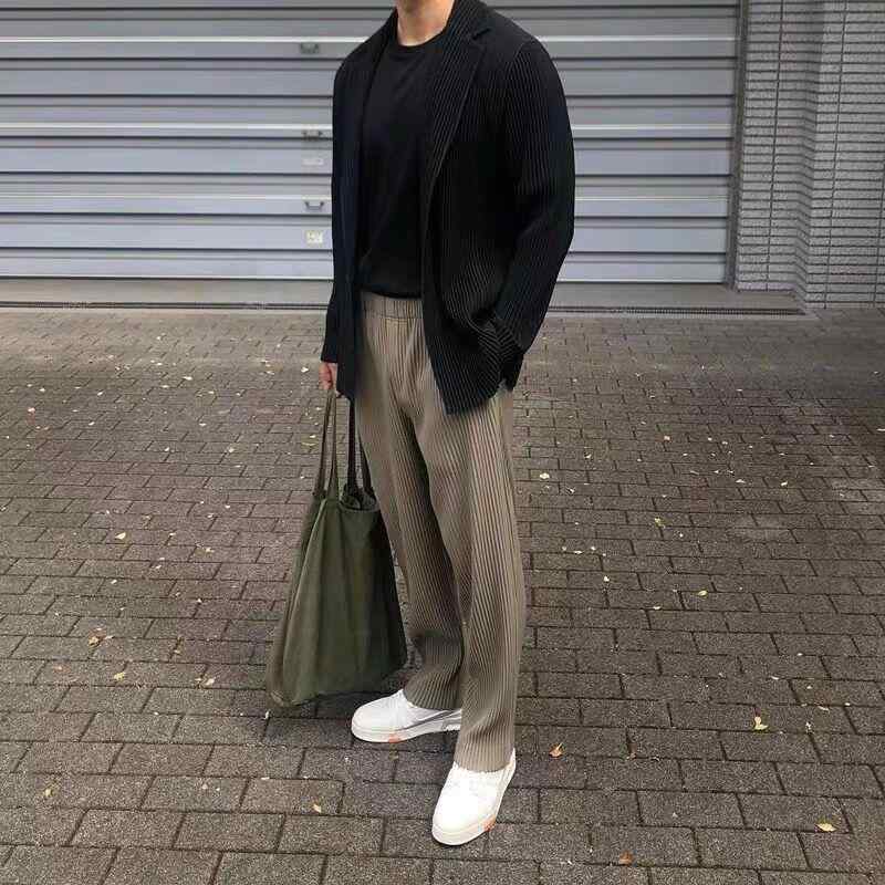 パンツ メンズ プリーツ ドレープ感 ストレート ワイドレッグ カジュアル ロング ゆったり トレンド 日常使い 快適 着回し コーディネート スタイル