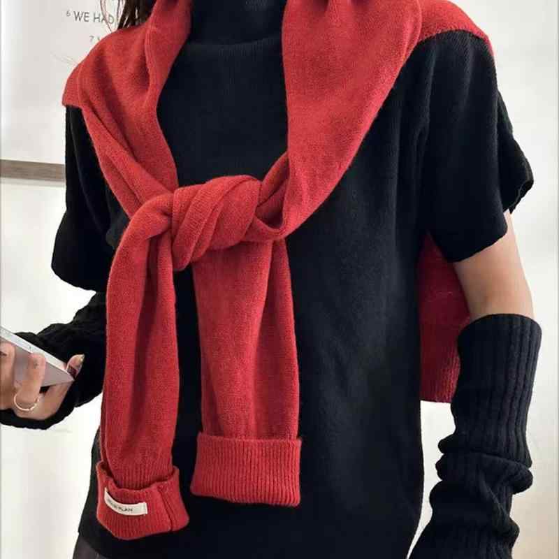 秋冬 レディース ニット ショール 袖カバー スカーフ 首元ガード 薄手 単色 百搭 エアコン対策 軽量 吸..