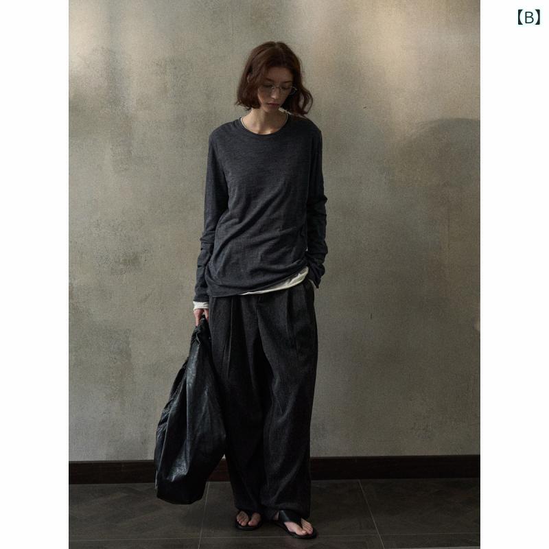 ニットトップス レディース 春夏 ウール100 巻き縁 ラウンドネック プルオーバー シンプル 日常使い 通勤 軽量 吸湿速乾 再生繊維 ブラック ピンク系