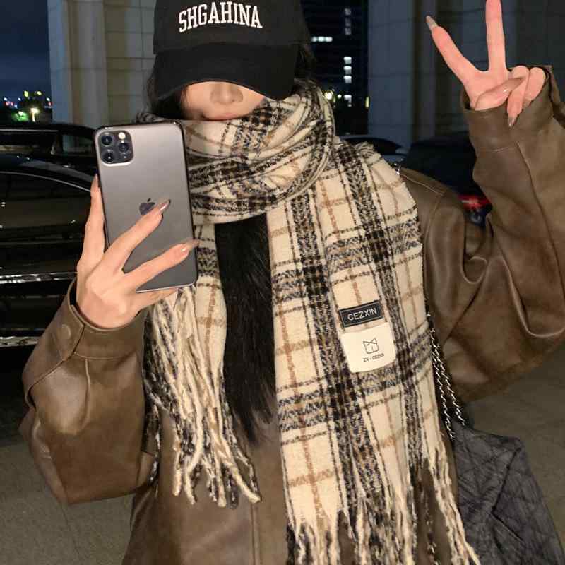 秋冬 レディース 男女兼用 ストール マフラー ショール チェック柄 暖か 保温 旅行 通勤 ウール 毛織り..