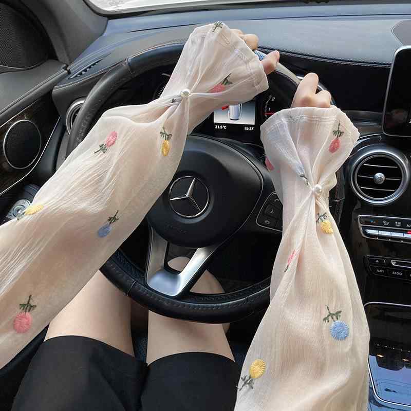 春夏 レディース アームカバー UVカット 接触冷感 刺繍 ゆったり 大きめサイズ 大袖口 カラー