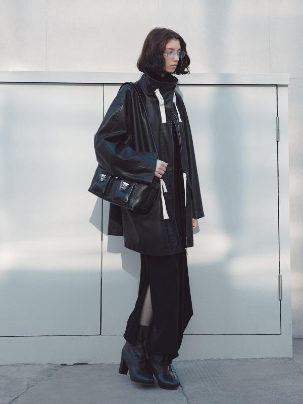 レディース コート スタンドカラー リボン ウエストシェイプ PUレザー ゆったり ロング 通勤 質感 春 切り替え 軽量 吸湿速乾