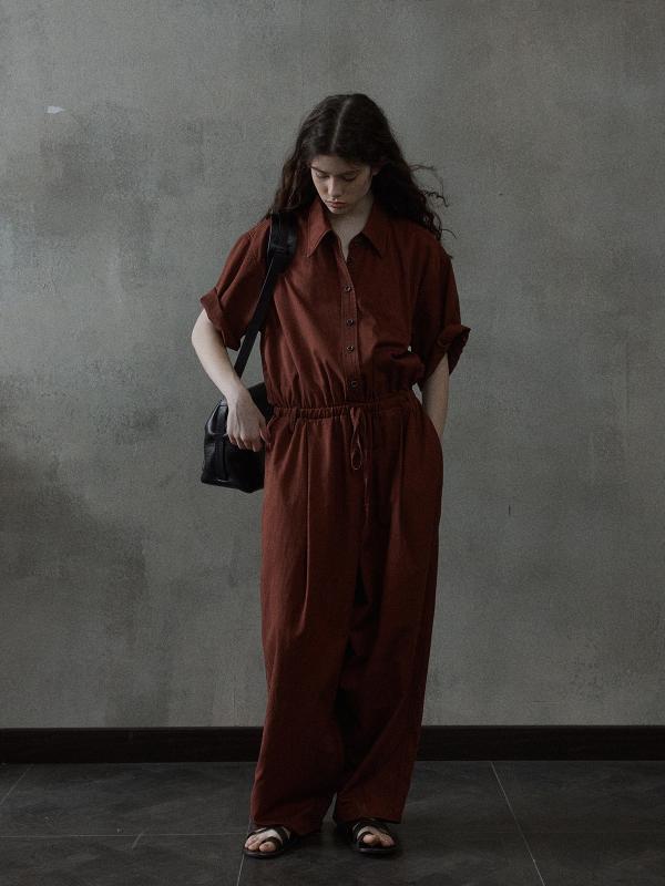 レディース ジャンプスーツ 春夏 短袖 工装 通勤 日常 コーディネート 百搭 再生繊維 コットン 洗いざらし フェード 加工 軽量 吸湿 速乾 快適 通気性 着心地