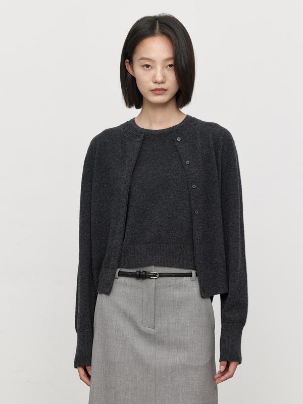 ニット ベスト レディース 通勤 羊毛 柔らかい 肌触り シンプル クルーネック ショート丈 オリーブグリ..