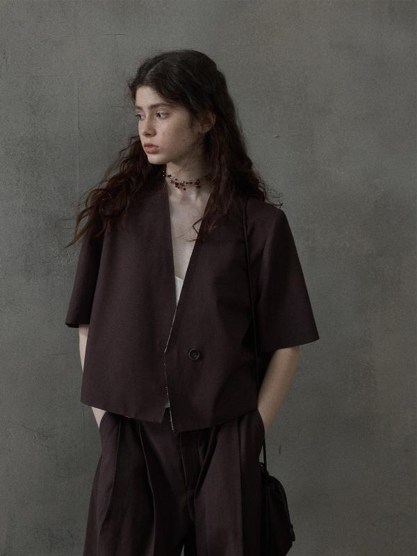 春夏 レディース ノーカラー クラッシュ生地 フリンジエッジ ショートジャケット 通勤 シンプル 上品 軽量 吸湿速乾 コットン ブラック ピンク系