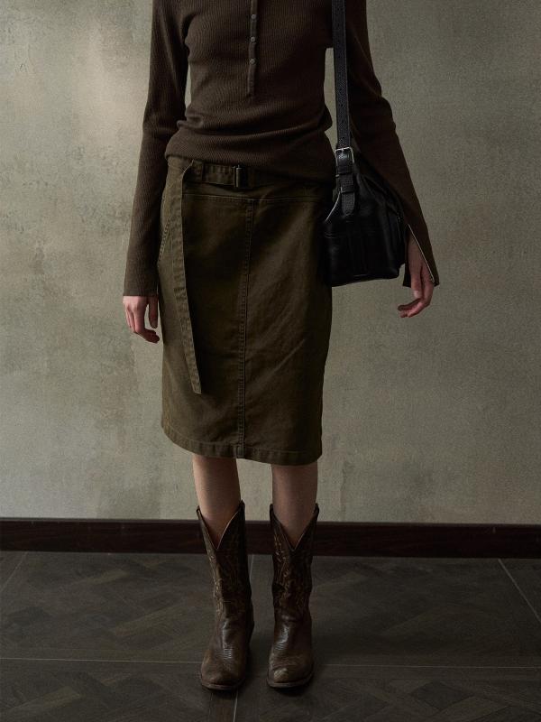 春夏 レディース スカート ビンテージ ウォッシュド 加工 ハーフスカート 通勤 スリム 細見え ミディ丈..