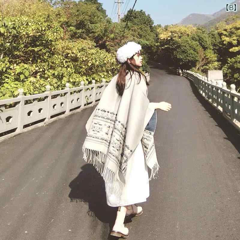 くらしのセロネのショール レディース 民族風 旅行用 大型 カシミア アウター 両面 羊毛 スカーフ ケープ フリンジ ブランケット エアコン部屋用｜アングル3