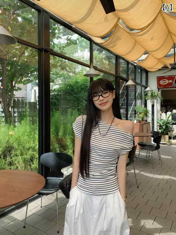 Tシャツ レディース 春夏 ストライプ柄 オフショルダー 短袖 斜め襟 トップス シャ...