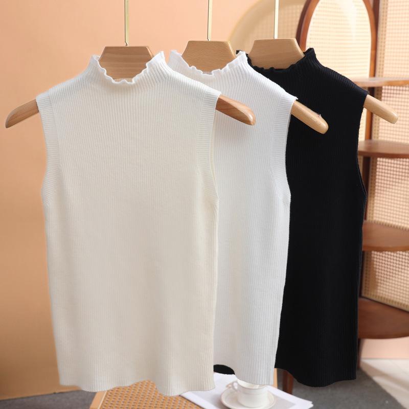 レディース ノースリーブ インナー ニット ハーフハイネック レース スタンドカラー フレンチスタイル ..