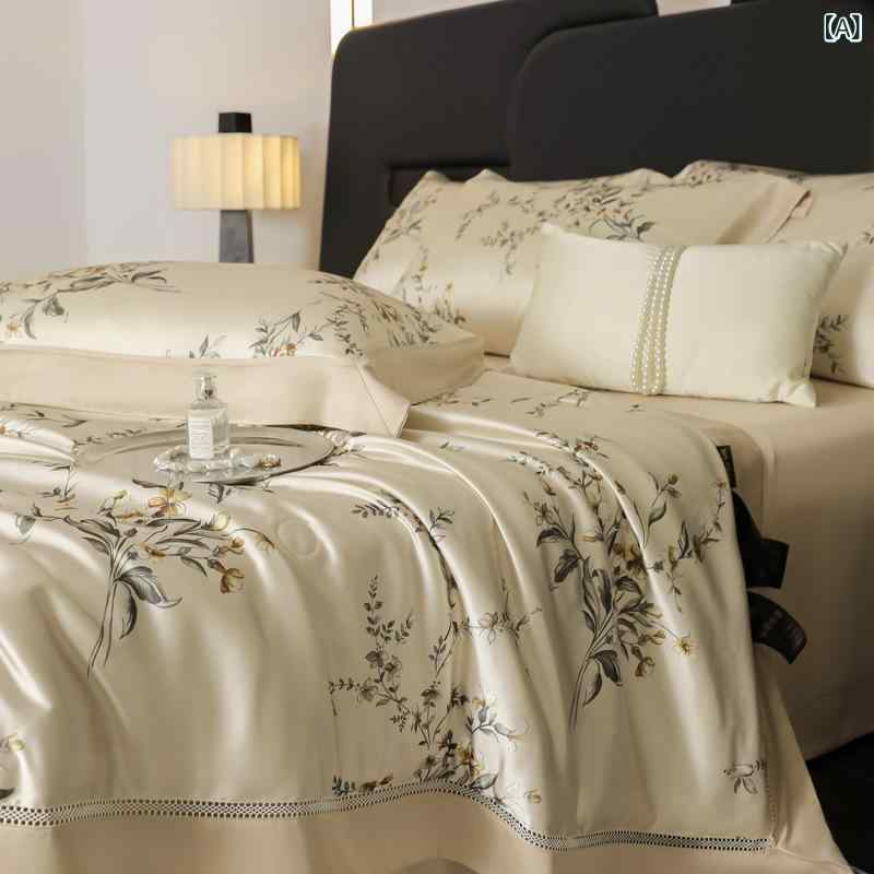 春夏 ベッドカバー 4点セット ライセル テンセル 再生繊維 透かし模様 デジタルプリント 高級感 軽量 吸湿速乾 寝室用 快適 涼しい