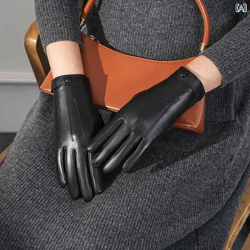 Gloves - 手袋 レディース ショート 本革 羊皮 防寒 加厚 タッチスクリーン対応 防風 運転用 ライディング 秋冬 暖か 韓国風