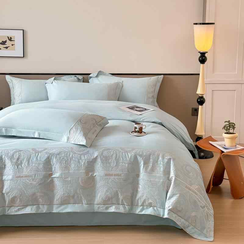 寝具 敏感肌用 ベビー対応 4点セット 純綿100% 刺繍 高級感 モダン デザイン 180本糸 高密度 綿 ベッド シーツ フラットシーツ フィットシーツ 枕カバー 掛け布団カバー