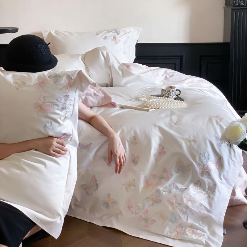 ベッドカバーセット キッズ 純綿 長綿100S 蝶刺繍 プリンセスデザイン かわいい 寝室用 吸湿速乾 高級感 柔らかい肌触り 通年使い 快適 家族向け
