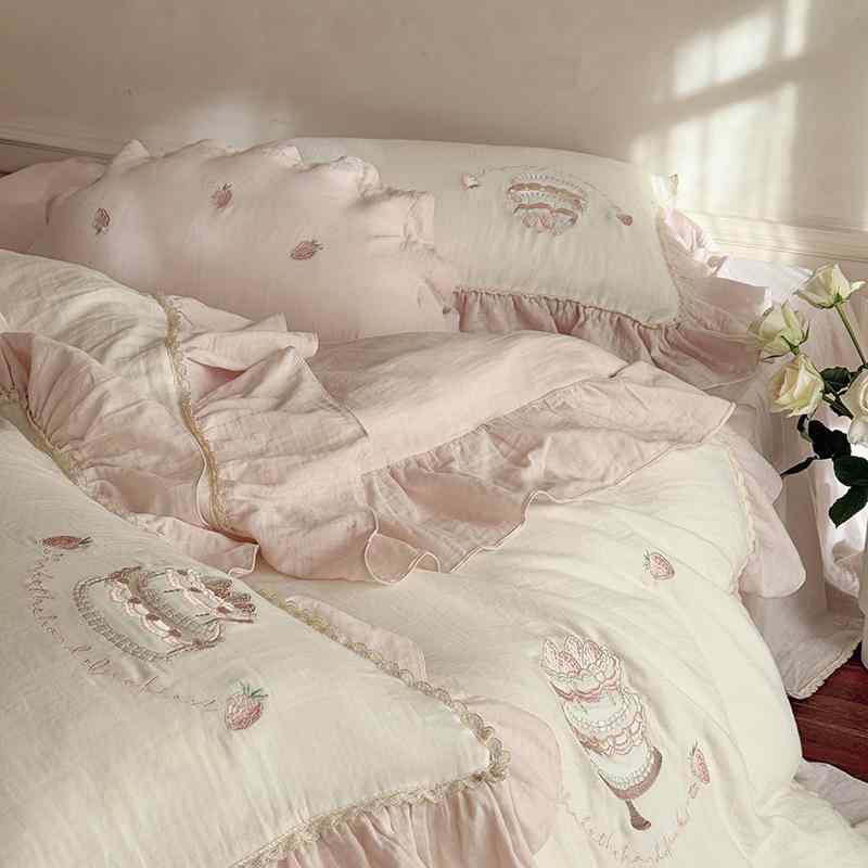 寝具セット 女性用 フレンチスタイル 綿100% 二重皺加工ガーゼ 立体刺繍 肌触り良い 通気性 快適睡眠 フリル付き 4点セット かわいいデザイン
