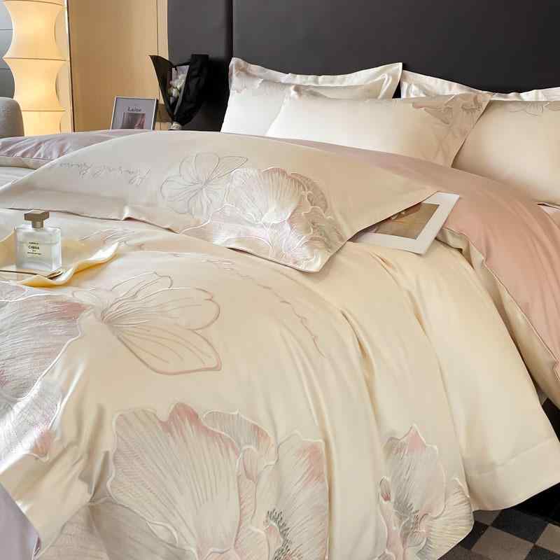 寝具セット 純綿 刺繍 ベッドシーツ 掛け布団カバー ベッドパッド 高級感 長絨綿 A級 100番手 全綿 4点セット 快適肌触り 寝室用 通年