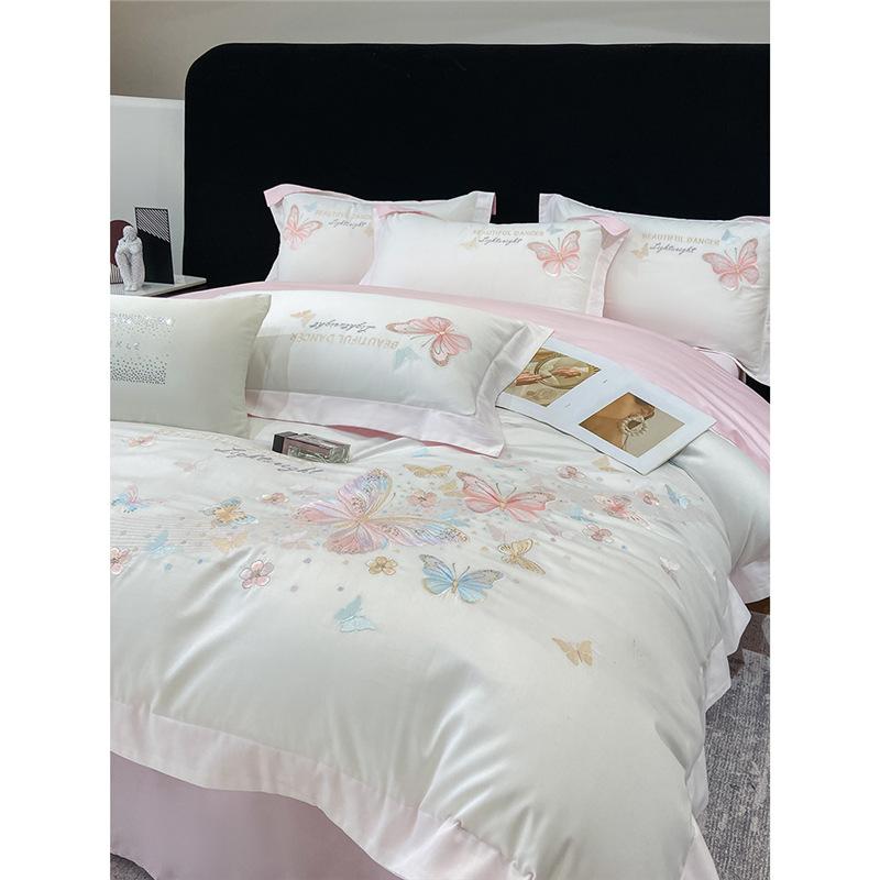 ベッドカバーセット 綿 蝶刺繍 高級感 4点セット 枕カバー シーツ ベッドスカート 通年寝具 吸湿性 快適素材 寝室用 家庭用