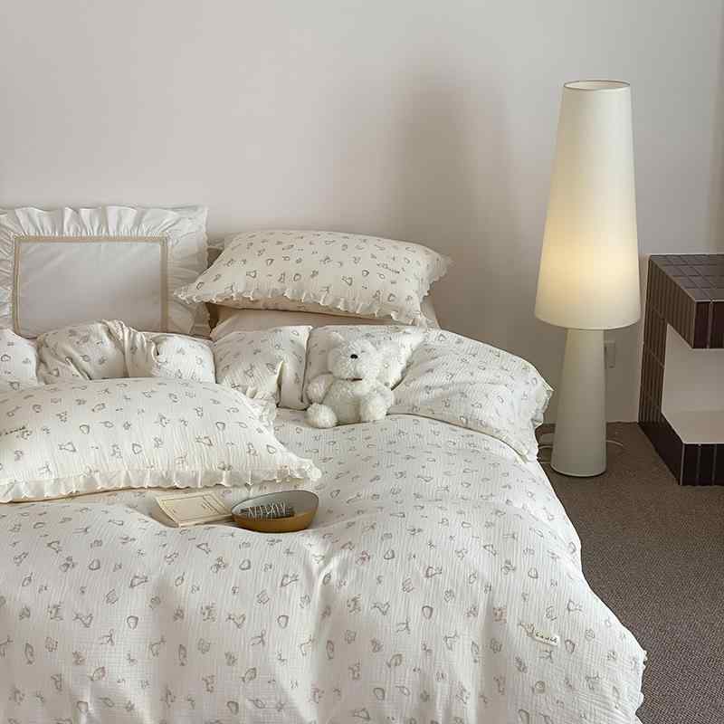 寝具セット キッズ かわいい 卡通柄 全綿 二重ガーゼ しわ加工 花辺 枕カバー ベッドシーツ 4点セット 通年 通勤 通学 部屋着 軽量 吸湿速乾 綿 麻 ピンク系