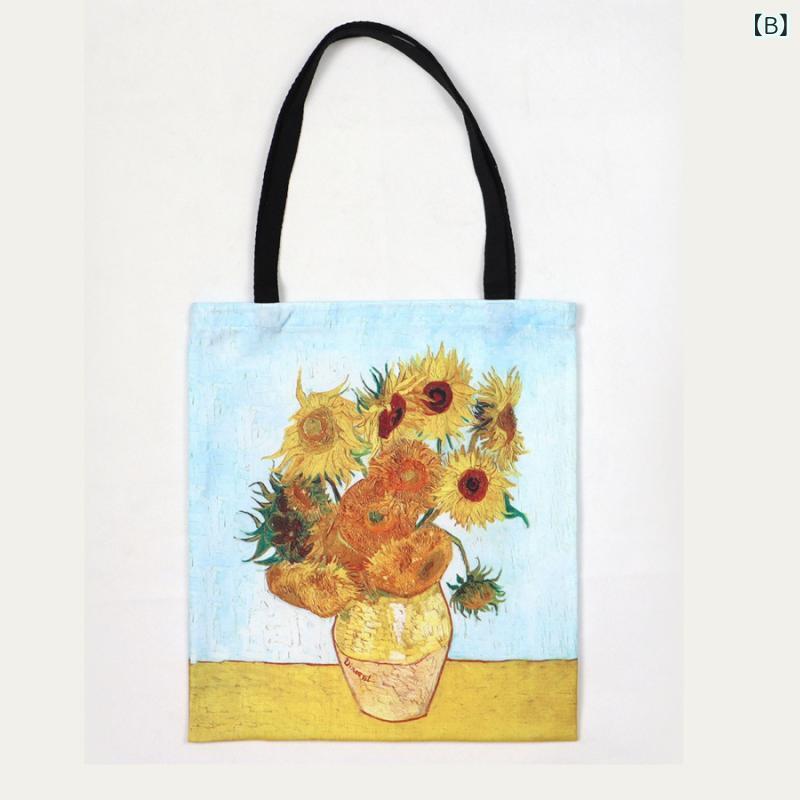 トートバッグ キャンバスバッグ ゴッホ 油絵風 名画プリント 大容量 肩掛け A4サイ...